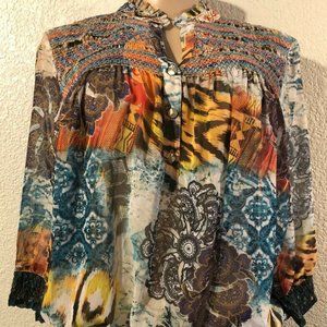 V Cristina High K-hole neck Women Sz S Blouse 3/4 Cuff Sleeve Various pattern